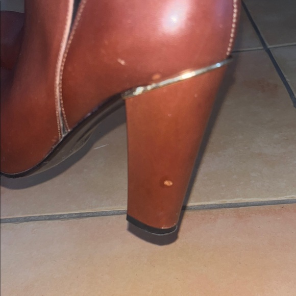 Two Tone Black & Brown Knee High Leather Boots with Gold Accents - Picture 9 of 11